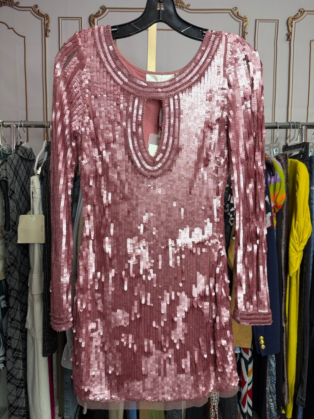 LoveShackFancy Devers Keyhole-Front Sequined Mini Dress. Size 2 - Picture 3 of 13
